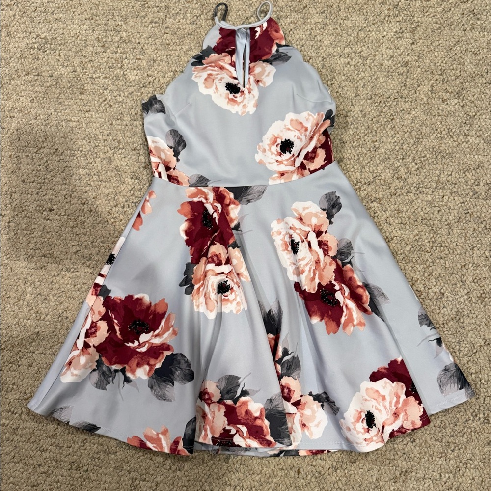 David's Bridal Floral Halter Dress - Gray and Red